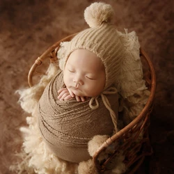 Cotton Baby Wrap for Photography Props Macrame Newborn Pillow Knitted Hat Newborn Photography Layer Baby Photoshoot Accessories