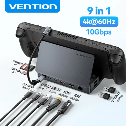 Imagen 1 del producto Estación de acoplamiento Vention USB C para Steam Deck HDMI 4K60Hz USB 3,2 10Gbps RJ45 SD y TF para Switch Asus ROG LEGION Go iPhone HUB