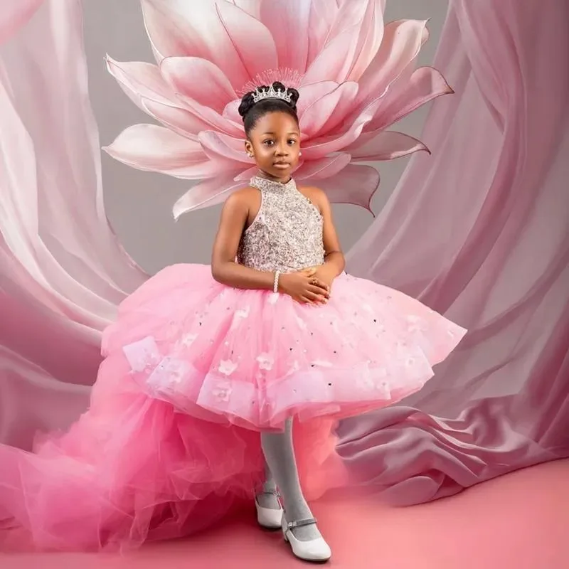 

Customized Pink Flower Girl Dress Lace Appliques High-Low Length Communion Ball Birthday Graduation Ceremony Wedding Party