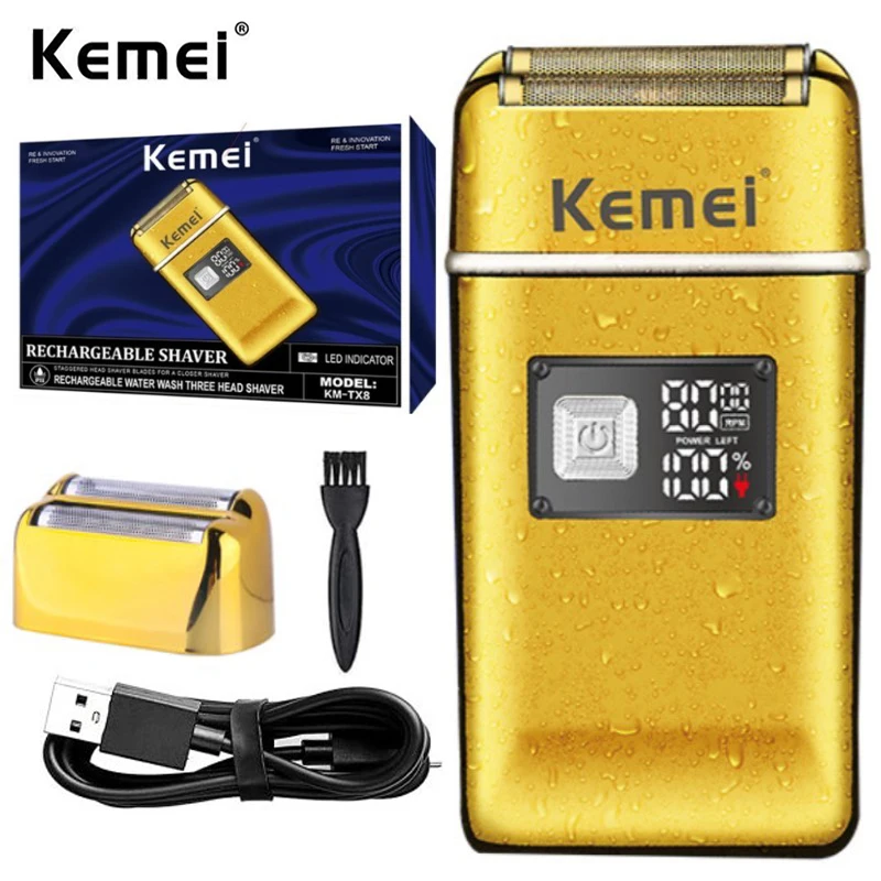 Kemei Barber Rechargeable Foil Shaver Men Electric Powerful Bald Head Razor Washable Ultra Close Finish Shaving Machine 8000RPM