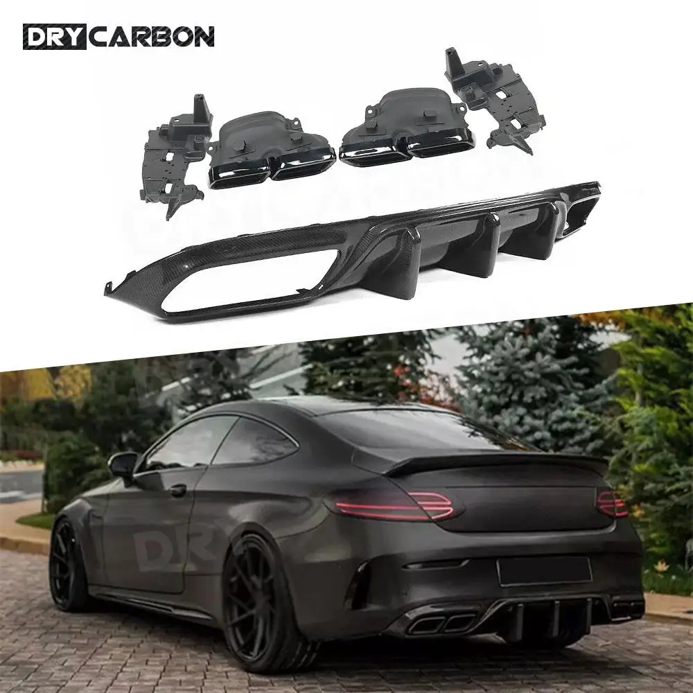 

Carbon Fiber Rear Bumper Lip Diffuser with Black/Silver Exhaust Tips For Mercedes Benz C205 C63 AMG Sport Coupe 2 Door 2015-2020