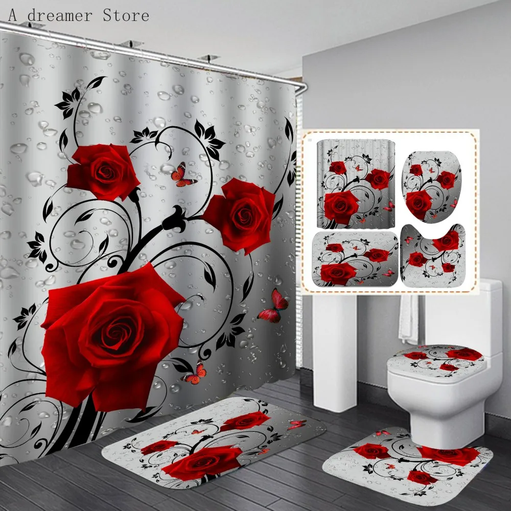 Red Rose Shower Curtain Sets Flowers Valentine's Day Bathroom Decor Curtains Non-Slip Rugs Bath Mat Toilet Lid Cover Carpet