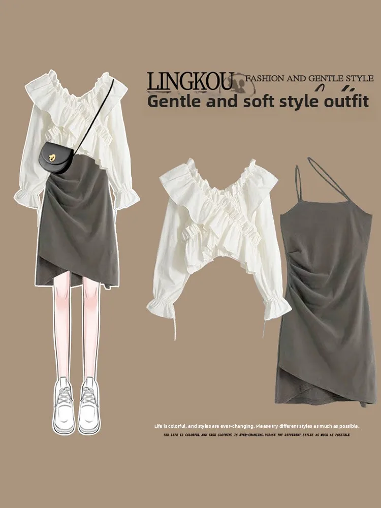 

Комплект Spicy Girl Autumn Set: шикарный асимметричный топ и повседневное платье на бретельках, комплект из двух предметов, футболка с V-образным вырезом и коротким рукавом