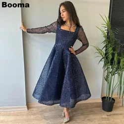 Booma Dark Blue Glitter Lace Evening Dresses Long Sleeves Square Collar A-Line Formal Prom Gowns Ankle Length Party Dresses