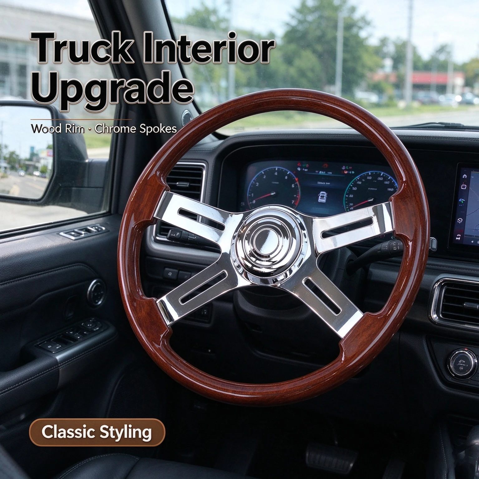 18' Solid Wood Lacquering Truck Steering Wheel 4 Spoke Aluminum Chrome Plated Steering Wheel With Vintage Style