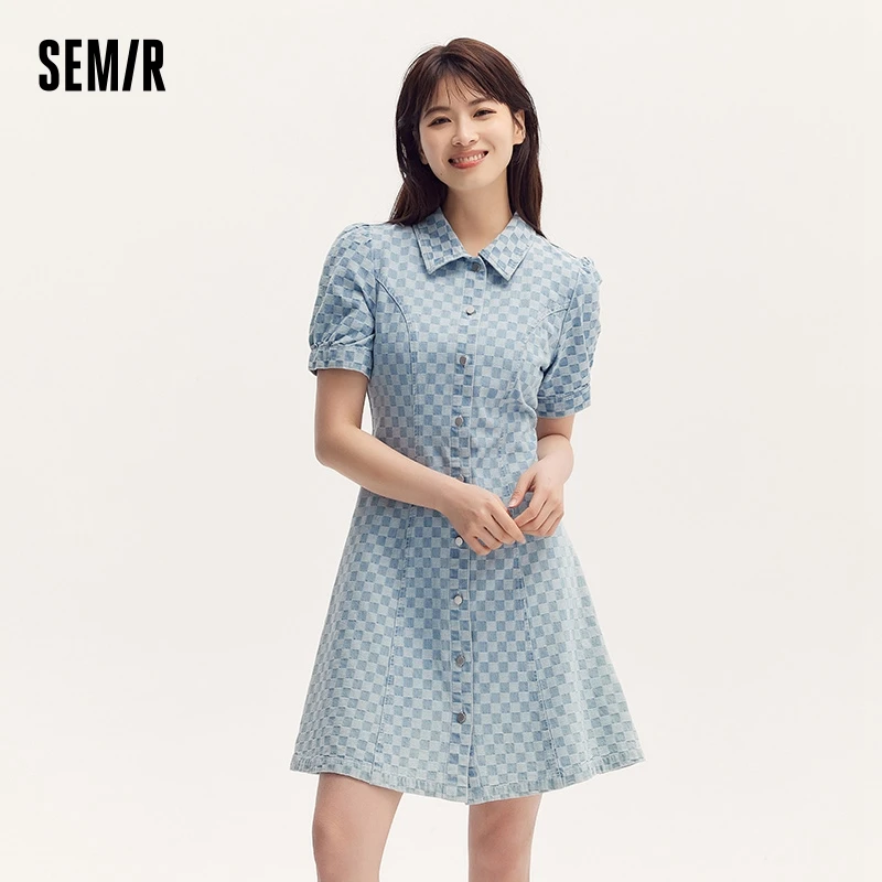 Semir Denim Dress Women Turn-Down Collar Waist-Cinched Bubble Sleeves 2024 Summer New Checkerboard Pattern Short Skirt