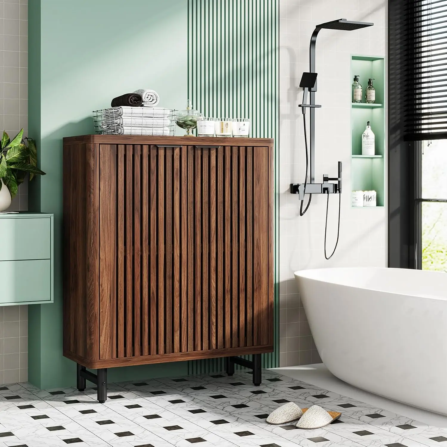 6-Tier Bathroom Storage Cabinet with Shutter Doors & Adjustable Shelves, Wooden Floor Sideboard for Bathroom Kitchen Living Room