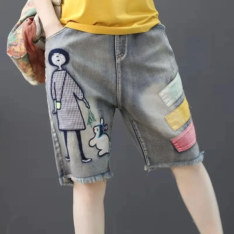 Summer New Arts Style Women Elastic Waist Vintage Denim Shorts Jeans Feminino Patchwork Embroidery Ripped Jeans Large Size