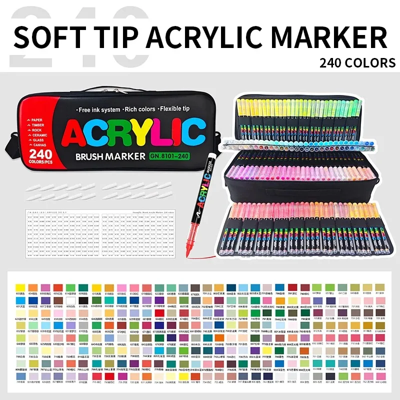 Direct Liquid Acrylic Marker 240 Colors Set Acrylic Paint Markers Brush Tip Paint for Rock Painting Festival Gift DIY Art Pens C