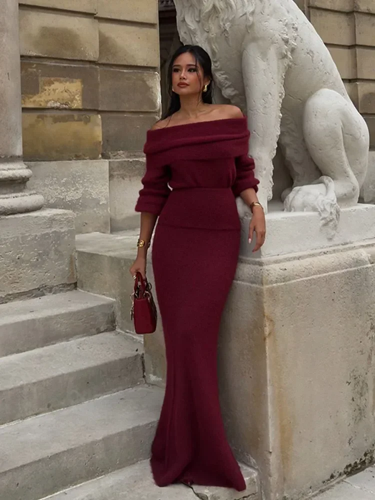 Women Elegant Burgundy Color Off Shoulder Knitted Dress Chic Long Sleeve Waist Up Warm Vestidos 2024 Lady New Party Evening Robe