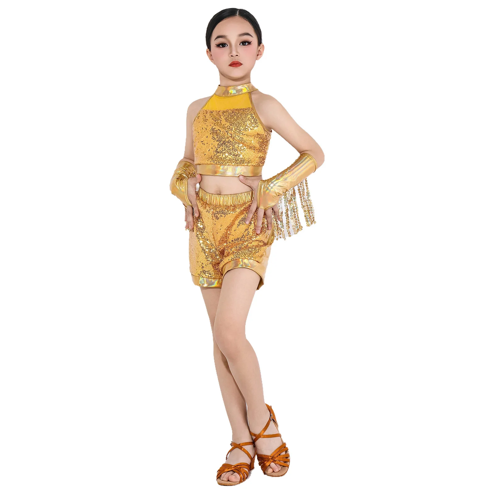 

Kids Girls Classy Latin Cha-cha Jazz Stage Performance Costume Halter Sequins Top with Shorts And Tassels Gloves Latin Dancewear