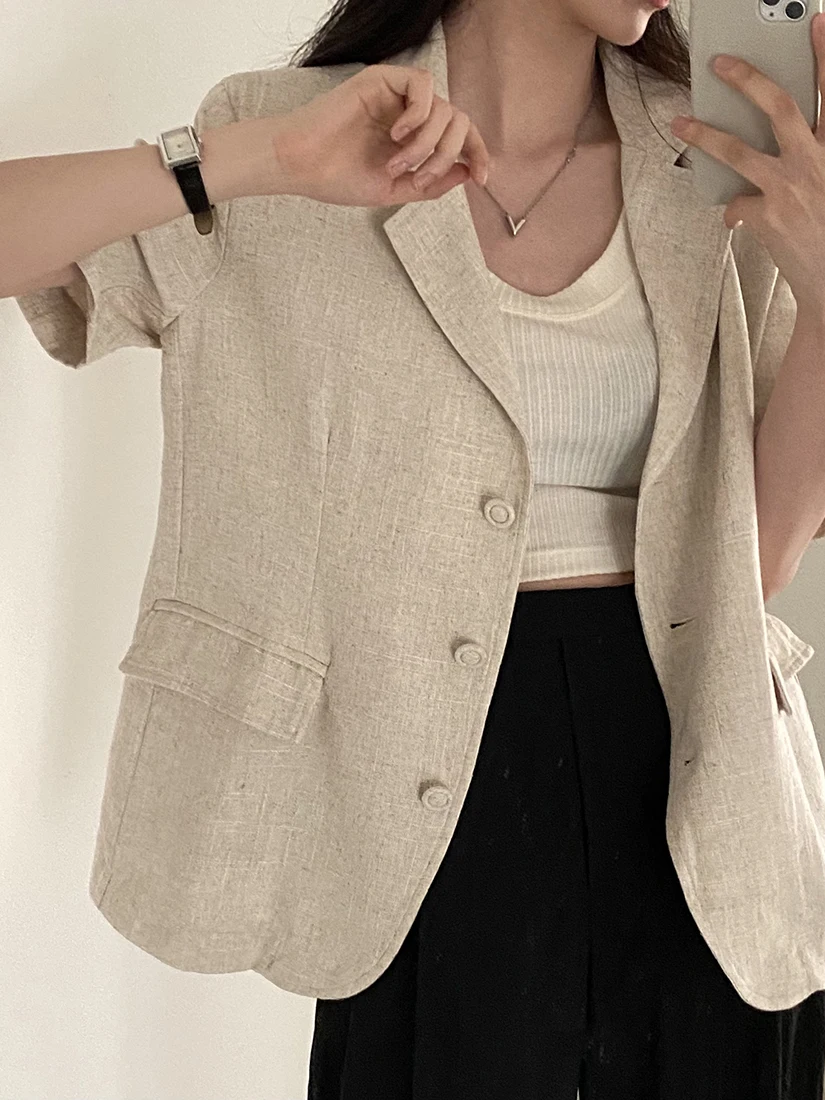 

Summer New Sle Women's ort Sve Suit Jaet Loose Fit Vintage Lapel High Quali Top Faionable Commute Wind Outerwear