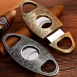 HUGESTONE Cigar Cutter, Stainless Steel Double Cut Cigar Punch, Floral Engraving Cutters for Men - Engrave