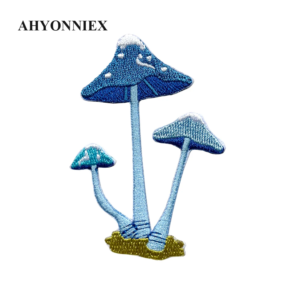 Delicate Blue Mushroom Patches Embroidered Sticker Iron On Patches for Clothes Applique DIY Clothing Accessories