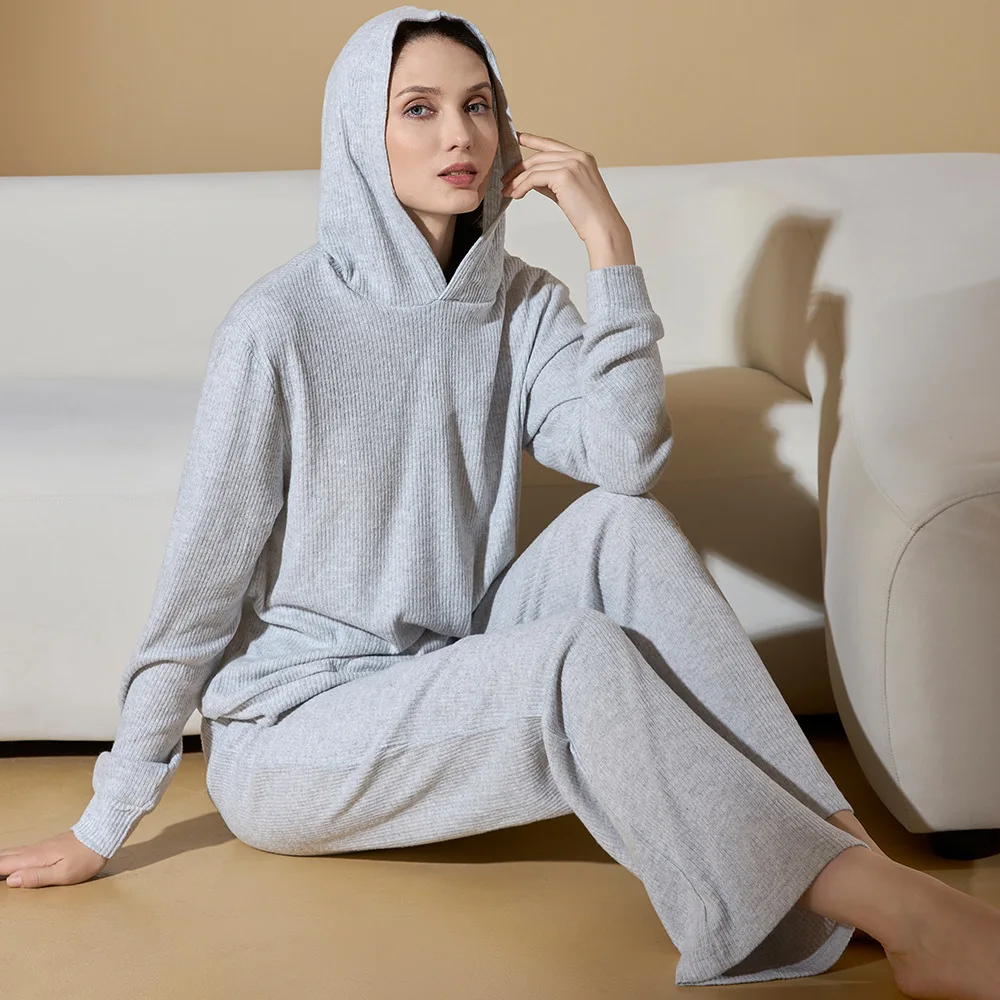 Women Thread Knitted Cotton 2PCS Pajama Set Long Sleeve Pijama Mujer Femme Loose Nightwear Suit Female Casual Hooded Homewear