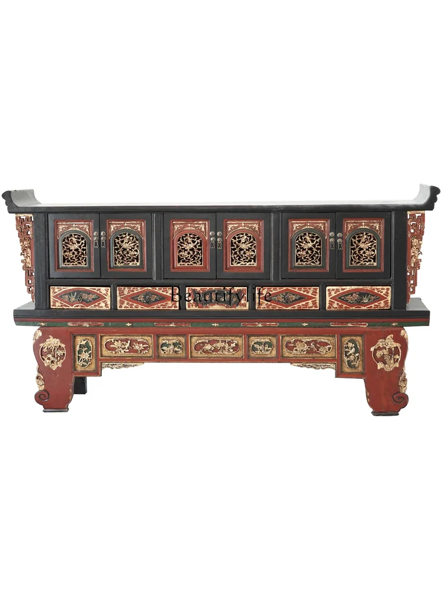 

yj58 New Chinese style antique solid wood warped head porch cabinet retro carved gold classical locker