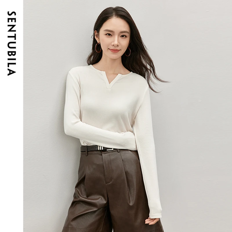 SENTUBILA Women Cotton Knit Basic T-shirt 2024 Autumn Casual Simple Long Sleeve Tops Female Tshirt Woman Fall Clothing 143T57059