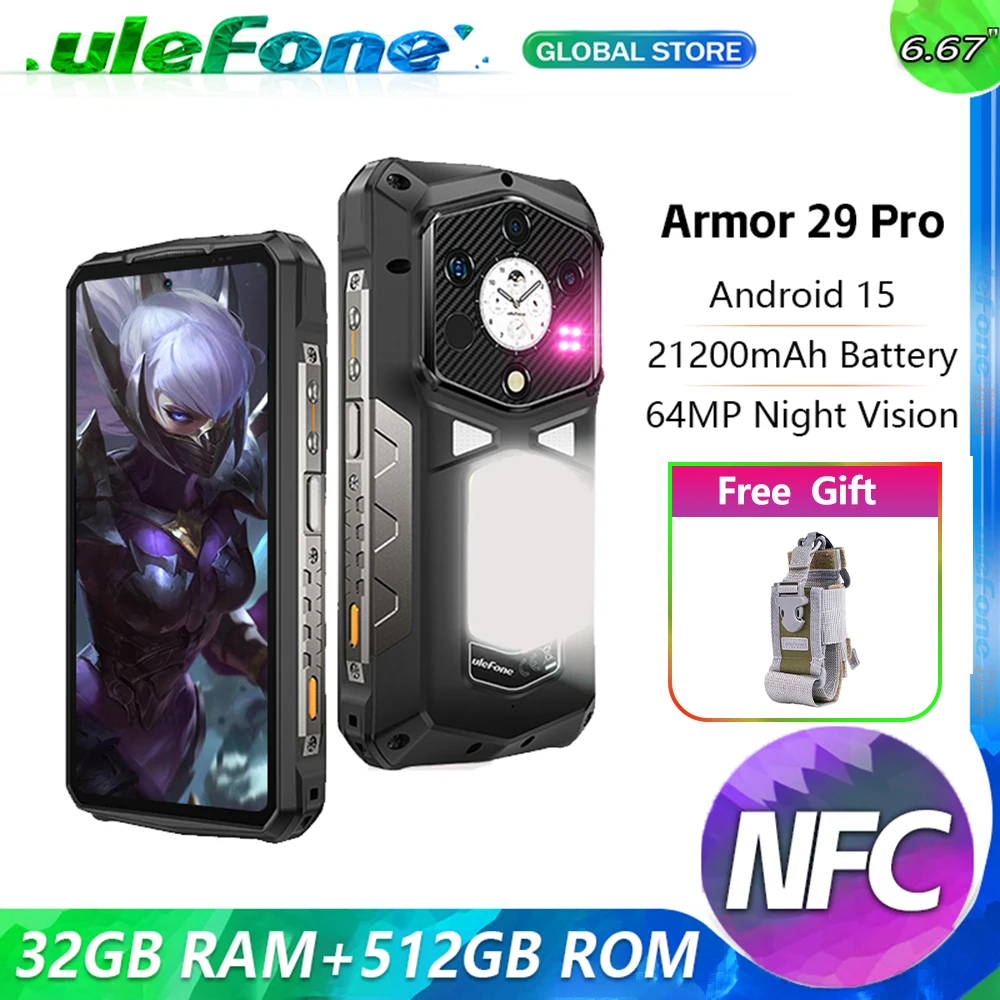 Прочный телефон Ulefone Armor 29 Pro 5G AI, 32 ГБ ОЗУ, 512 ГБ, 21200 мАч, 120 Вт, смартфон Android 15 NFC, 64 МП, ночное видение, 6,67 дюйма, 120 Гц