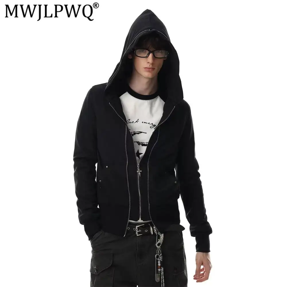 MWJLPWQ Dark Solid Color Hooded Sweatshirt For Men Women Spring Autumn Trendy American Style Multi-Zipper Splicing Tops 17440