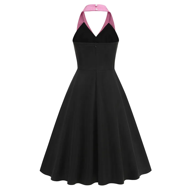 Black Backless Halter Party Dress for Women Summer Slim Swing V-Neck Elegant Vacation Style Prom Gown with Bow Vintage Fashion