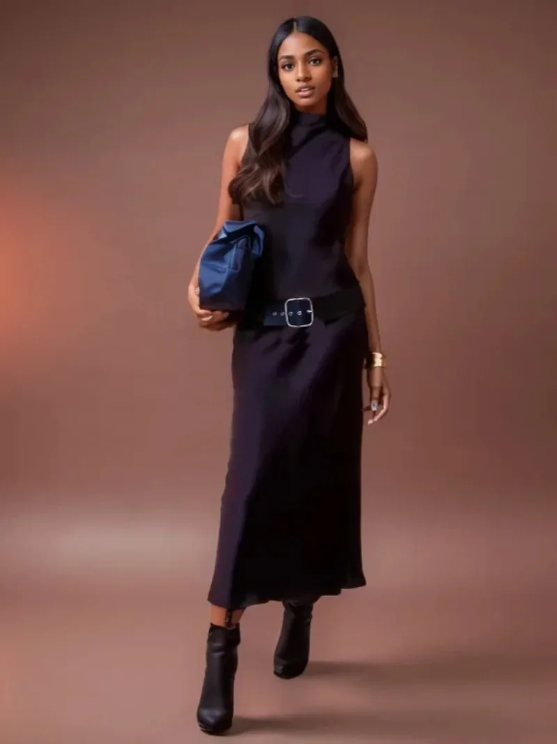 

New Fashion Halter Party Dress 2025 Spring Women New Sleeveless Silk Satin Texture Elegant Midi Dress Lady Long Dress Elegant