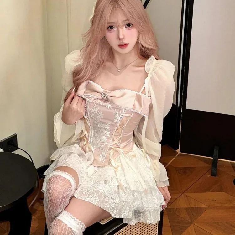 

Elegant Sweet Lace Ruched High Waist Cake Skirts + Y2k Bow Strapless Slim Fit Tops Women 2025 Summer New Two Piece Sets