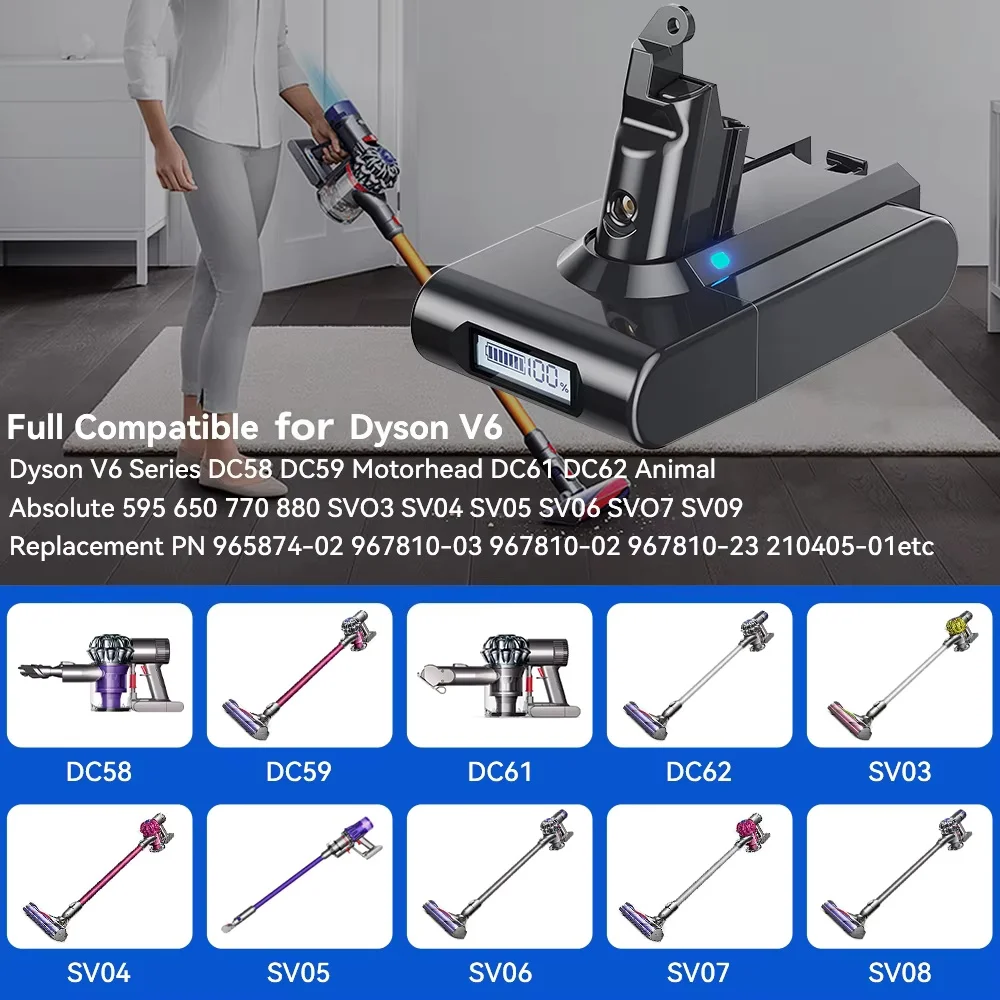 Akumulator litowo-jonowy do odkurzacza Dyson V6 21,6 V 6000 mAh LED Dispaly DC58 DC59 DC62 650 770 880 SV03 SV09 — zdjęcie produktu 2