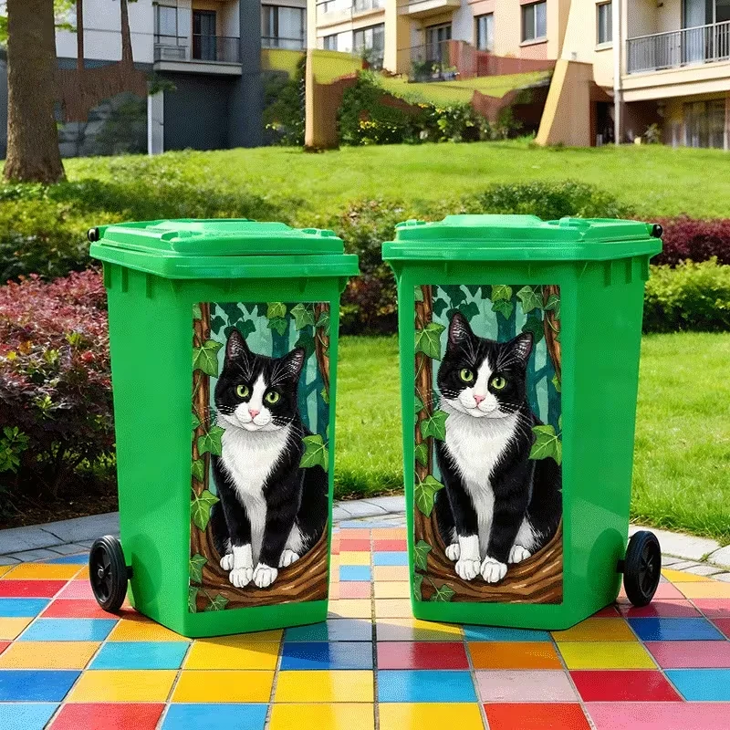 【 2D Print 】 1 Garbage Can Sticker Cute Cat Stares in the Forest, Wall Stickers Kitchen Garbage Can Decoration