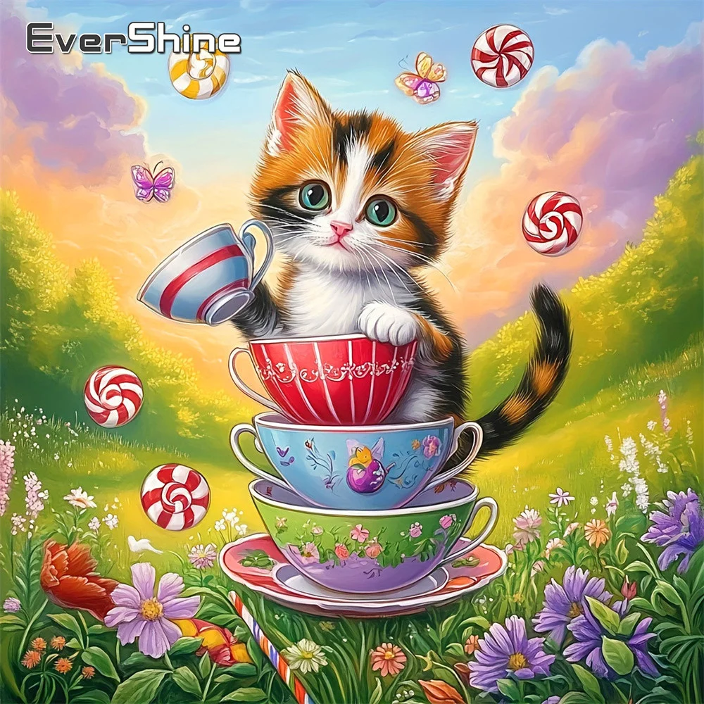 Evershine Diamant-Stickerei Tier-Katzenbild aus Strass-Steinen, Teeschale, vollflächiges Mosaik, Blumen-DIY, Kinderhobby