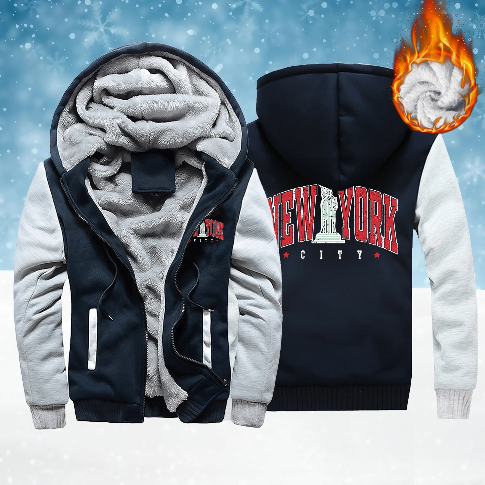 

The Statue Representing New York Men Zipper Thicken Coat Fashion Loose Hoody Soft Casual Sweatshirt Winter Fleece Male Clothing