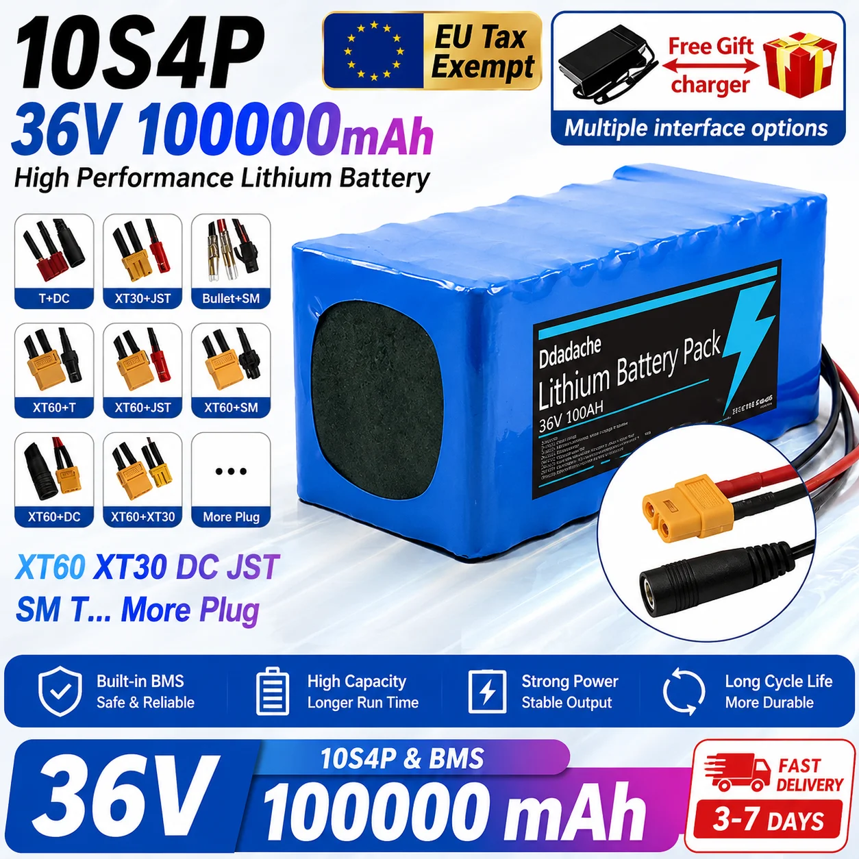18650 Lithium-Batteriepack 10S4P 36V 100Ah 100000mAh Wiederaufladbare Hochleistungsbatterie für Elektroroller E-Scooter
