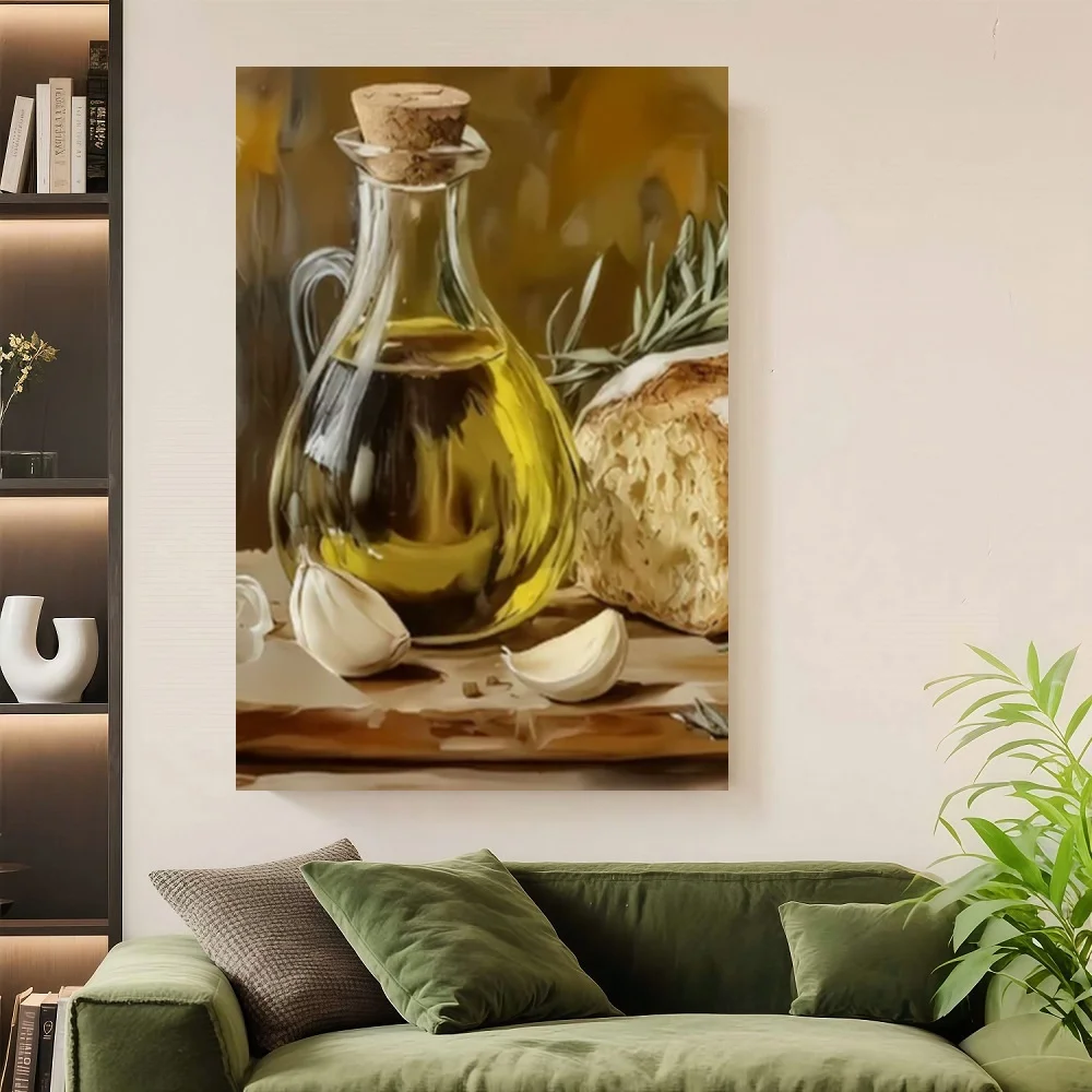 1 pieza Obra de arte mural italiana de cocina moderna - Comida mediterránea con aceite de oliva, pan y ajo - Tonos cálidos