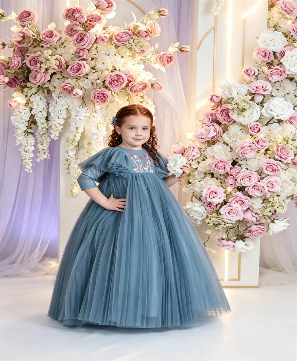 Customized 2027 New Flower Girl Dress Embroidered Patchwork Mesh Fluffy for Children's Communion Party Evening Dress