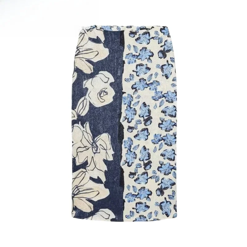 

Summer New High Waist Slit Silk Satin Texture Printed Midi Straight Tube Skirt Women's Commute Sle Simple mid Waist Length