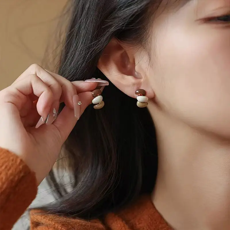 Unique Stud Earrings for Women Three Color Enamel Oil Rotating Contrast Color Geometric Personality Earrings Trendy Jewelry