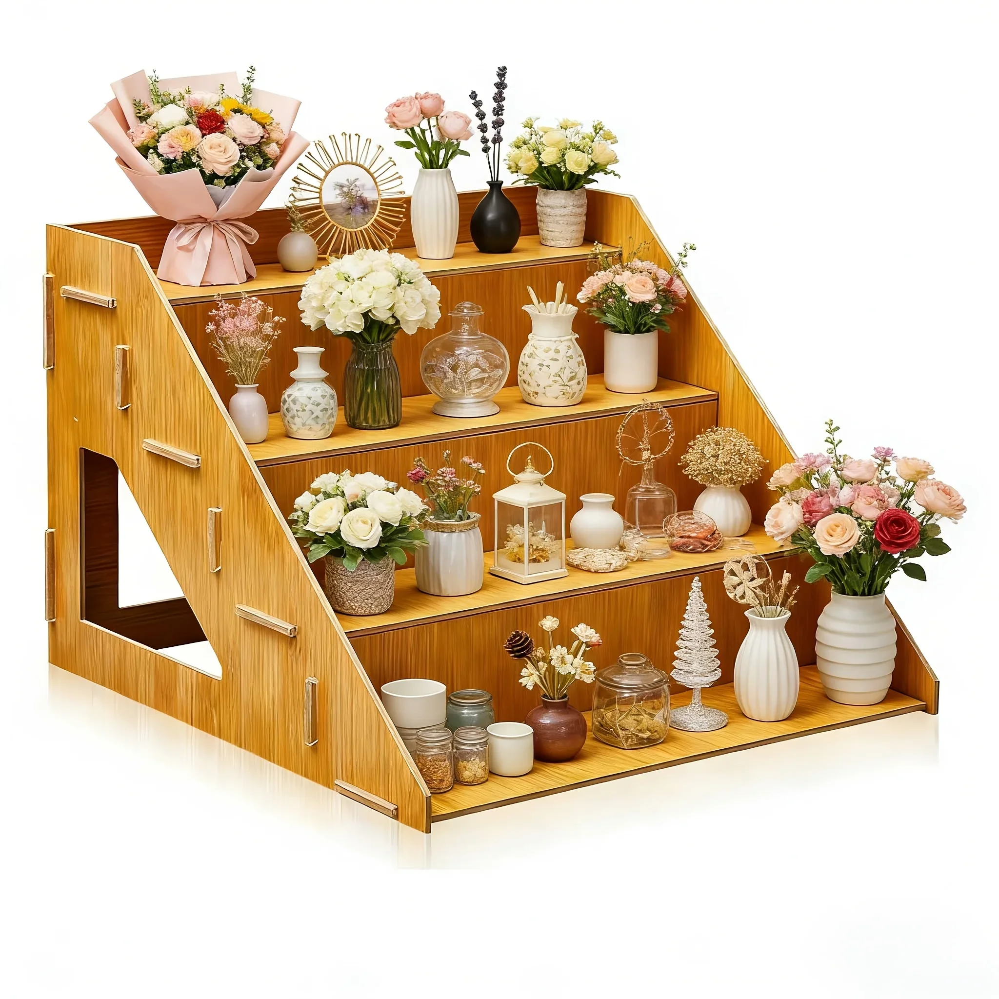 Four-tier Wooden Stepped Display Rack, Stepped Display Stand for Wooden Craft Exhibitions and Wooden Collectible Displays