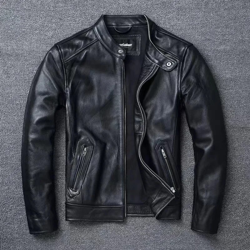 2026 New Men Racer Jackets Black Vintage Motorcycle Jacket Retro Stand Collar Motorbike Cowhide Leather Clothing Size 6XL