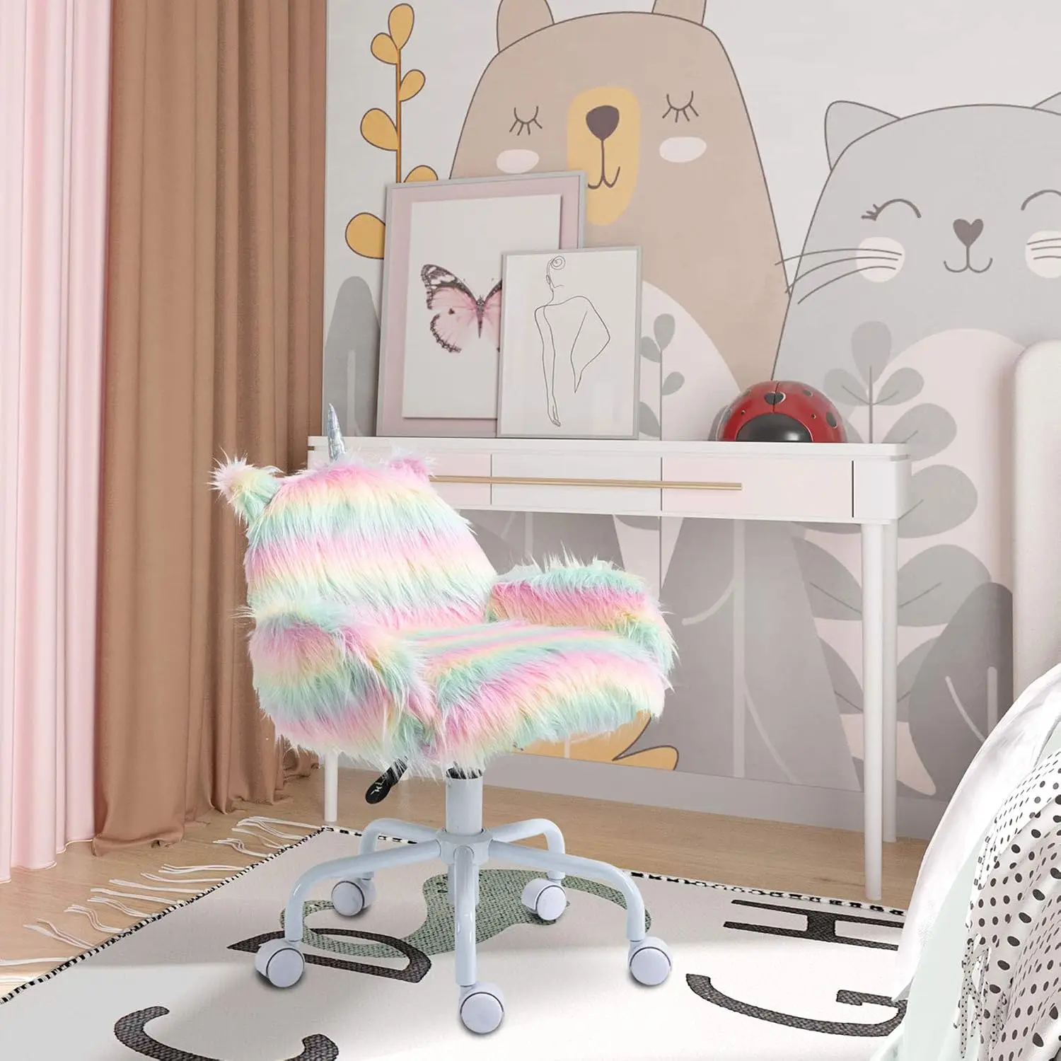 Fluffy Unicorn Office Chair, Mid-Back Support, Rainbow | with Armrest Support, 5 Star Swivel Wheel, White Base, Customized view 2