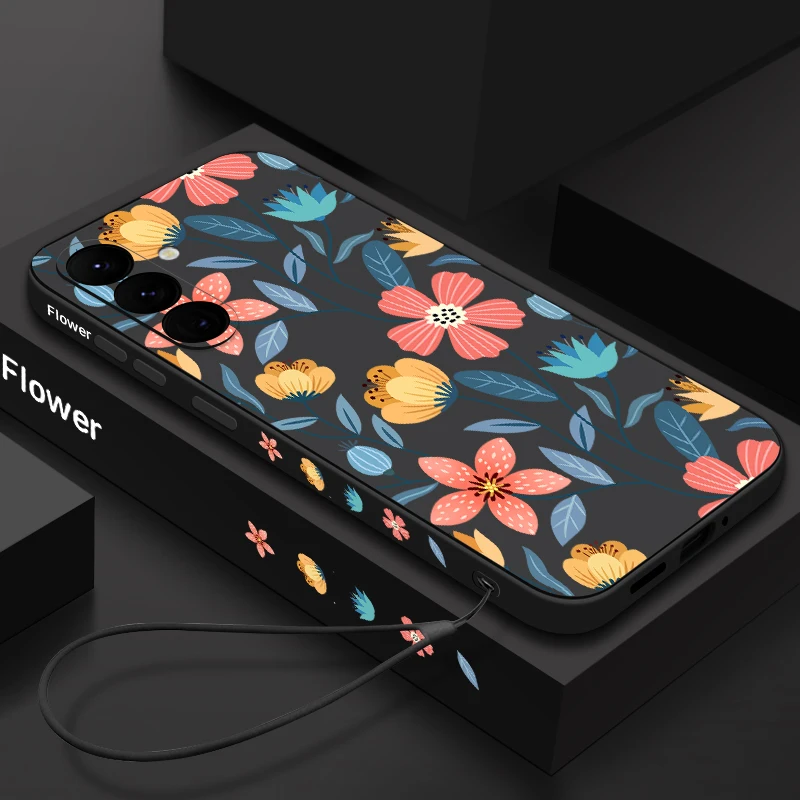 Colorful Flower Case For Samsung Galaxy S24 S23 S22 Ultra S21 S20 FE A32 A15 A35 A55 A52 A53 A54 5G S25 Silicone Lanyard Case