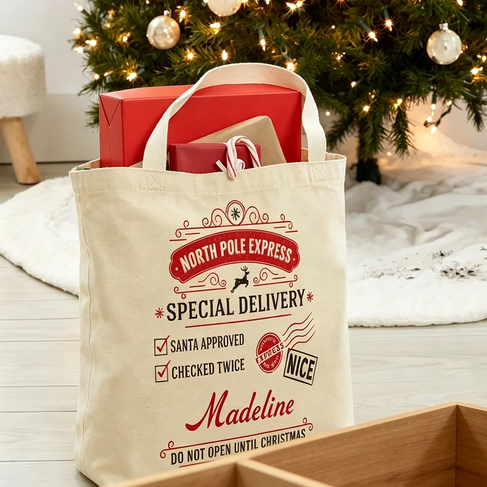 Personalized Name Christmas Special Delivery Canvas Tote Bag Custom Santa Reindeer Sacks Xmas gift Christmas Party Presents