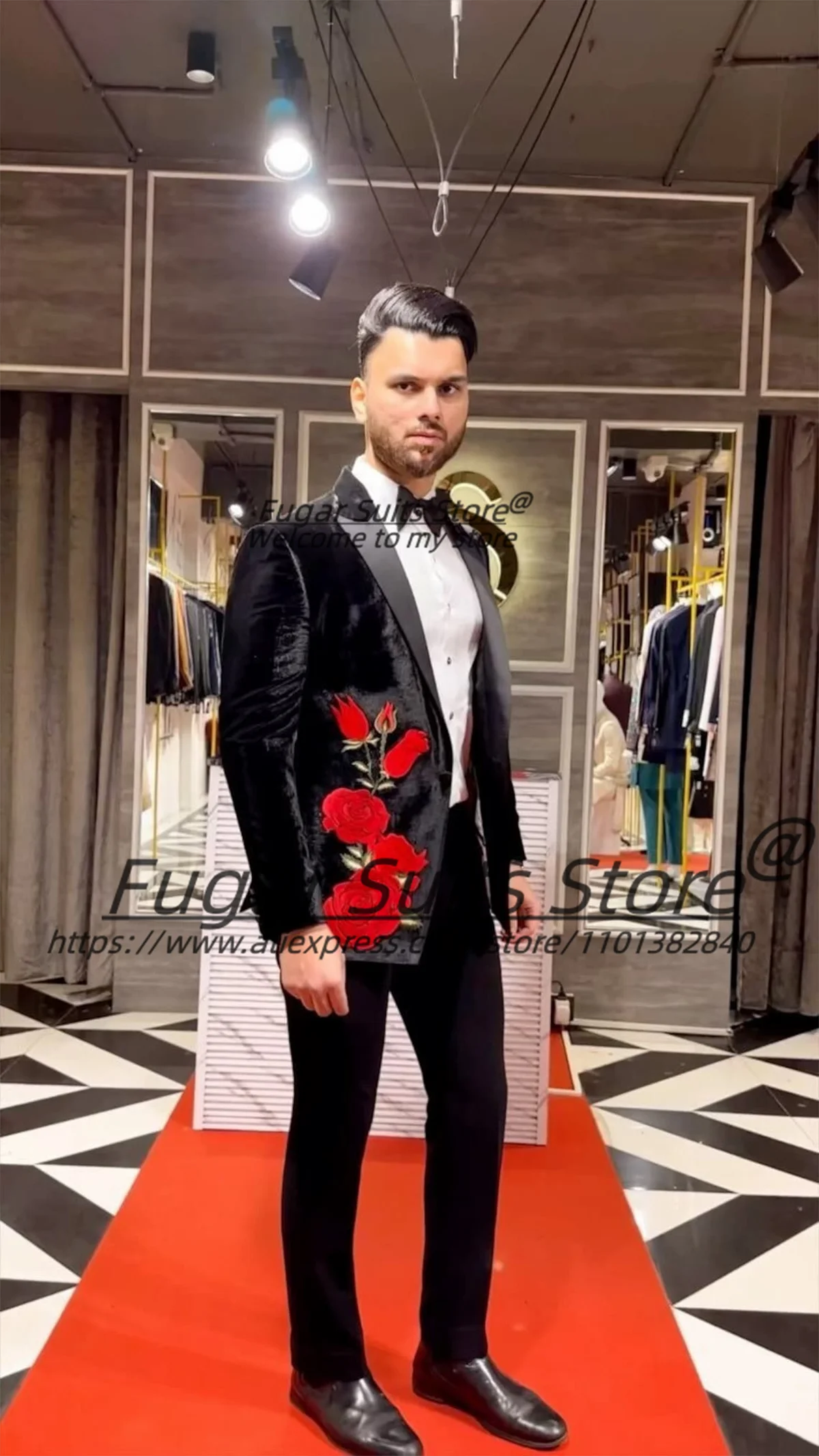 Black Velvet Elegant Men Suits Customized Luxuly Embroidery Groom Wedding Tuxedos 2 Pieces Sets Male Prom Blazers Ropa Hombre