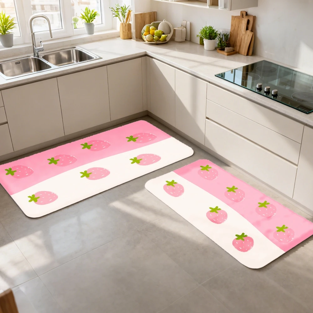 3PCS Mat Set,Home Decoration for Front Door,Kitchen,Pink Strawberry Pattern With Green Leaves On White Background Kitchen Rug.