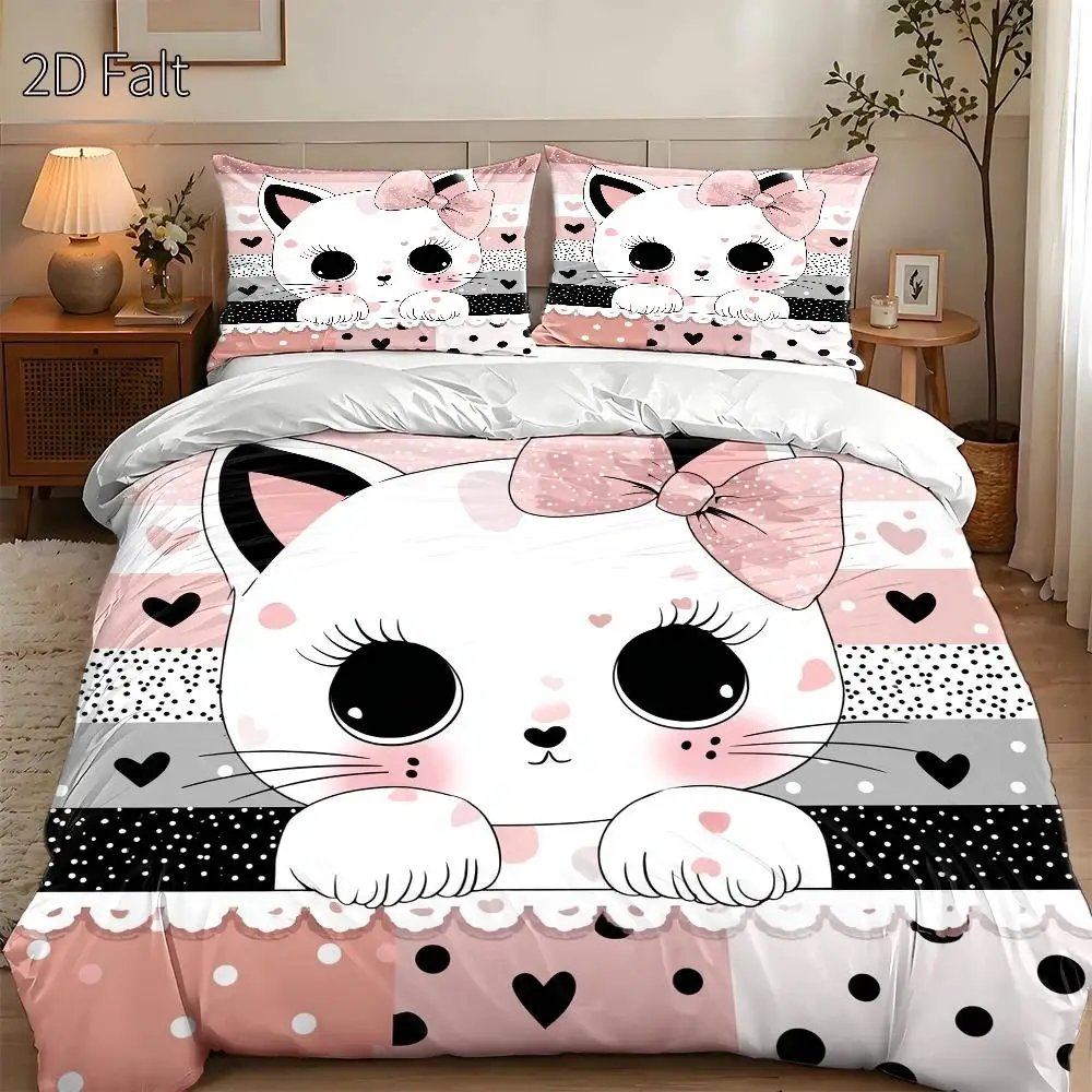 3-Piece Quilt Cover Set, 1 Quilt Cover + 2 Pillowcases (Without Filling) 2D Flat Printing, Three-Piece Quilt Cover Set, Pink Cat-Themed Pattern, Cartoon Cute Style, International Cat Day, Suitable for All Seasons, Machine Washable, Invisible Zipper, Large Quilt Cover Set, Bedding Set, Skin-Friendly and Breathable, Soft and Comfortable, Does Not Fade or Pill, Suitable for Home/Dormitory/Master Bedroom/Guest Room