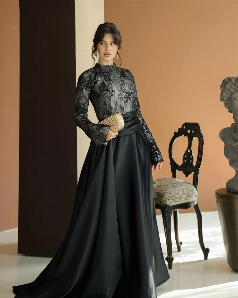 

Customized Matching Exquisite Pleat Draped Lace A-line High Collar Long Dresses Bespoke Occasion Dresses Sizes Available Classic