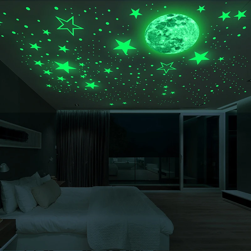 Pegatina luminosa de luna y estrella para pared, calcomanías artísticas fluorescentes que brillan en la oscuridad para el hogar, decoración de techo