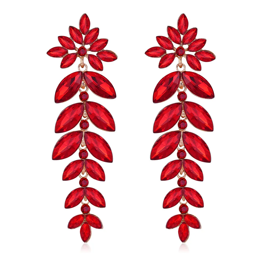 Exaggerated Crystal Leaf Long Pendant Earrings for Women Fashion Red Bridal Wedding Dangle Drop Earrings Jewelry Gifts Wholesale