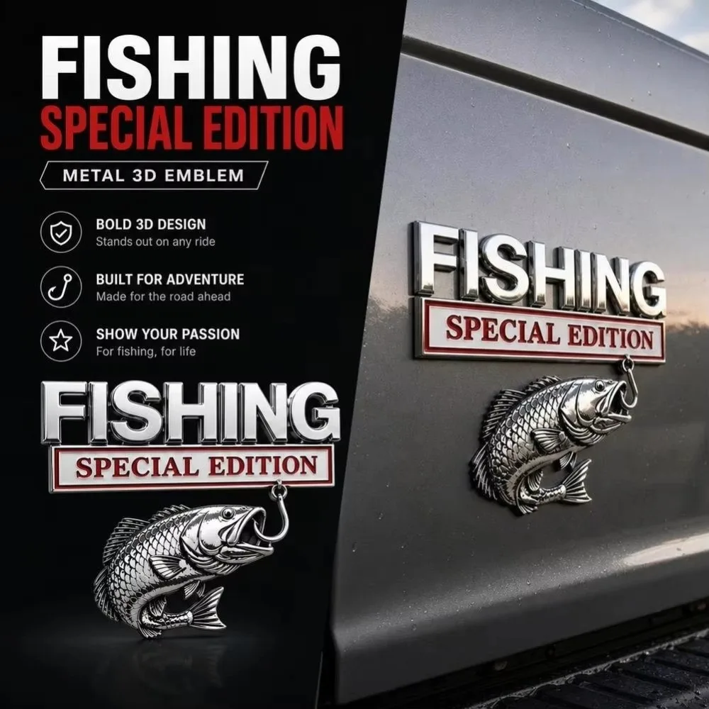 3D Raised Design Car Fishing Edition Sticker Premium Metal Waterproof Aluminum Fishing Themed Auto Badge Exterior Decoration