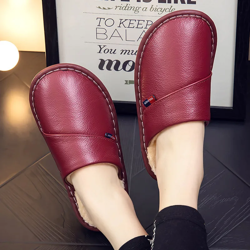 Cotton slippers for men and women at home anti slip and warm indoor Home leather cowhide slippers in winter 2023