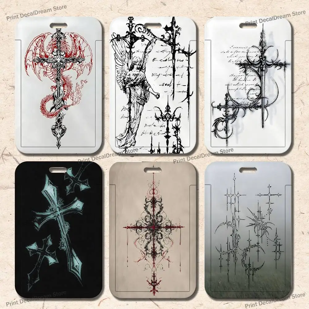 Gothic Cyber Sigil Cross Eyes Skull Art Card Holder Lanyard Camera Neck Strap Credit Card Case ID Badge Credentials Protection