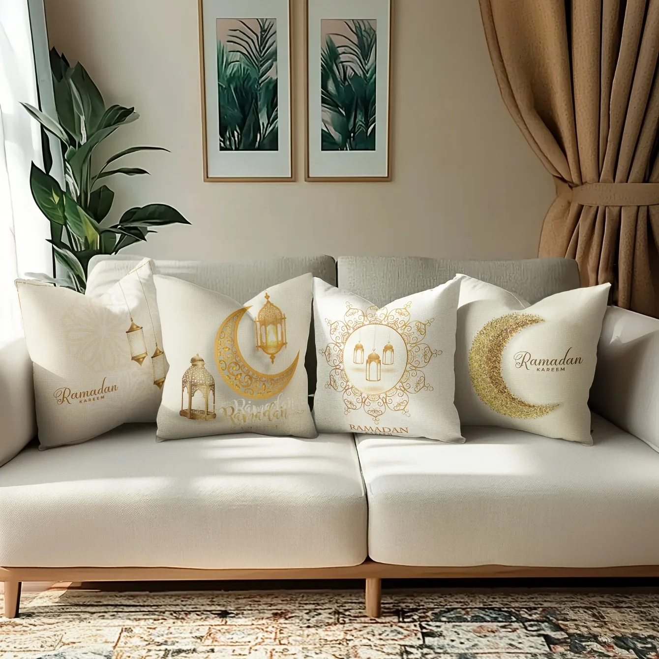 VIKAMA Ramadan Crescent Moon Cushion Cover Gold Foil-Embossed Lantern Sofa Cushion Cover Eid al-Fitr Sofa Decorative Pillowcase